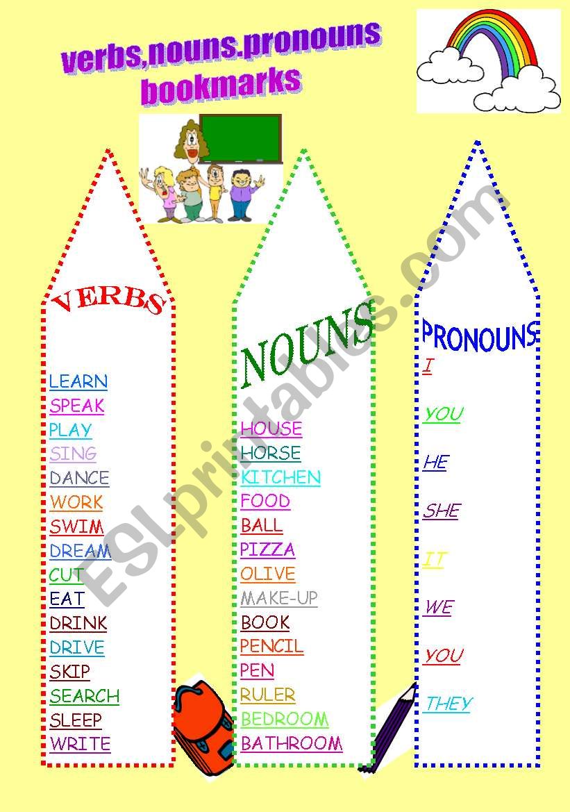 verbs-nouns-pronouns-bookmarks-esl-worksheet-by-snow-white