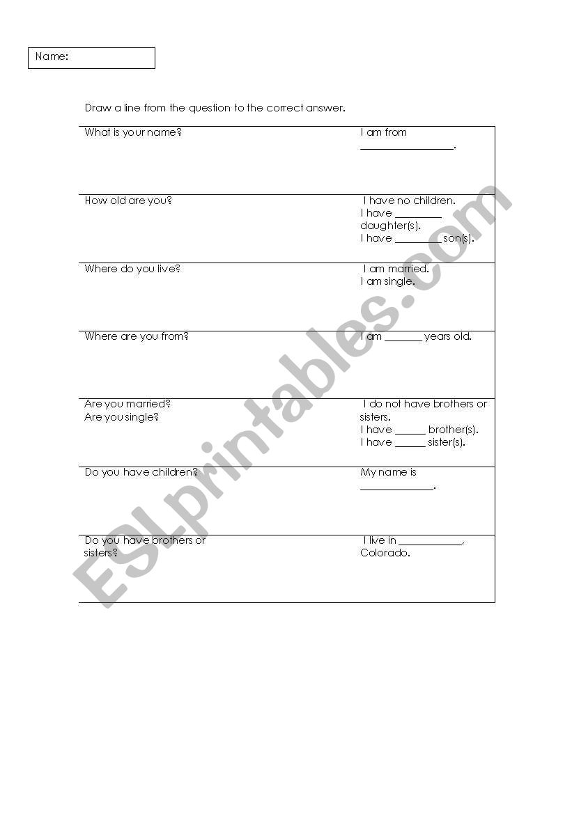 Question Answer Match Up worksheet