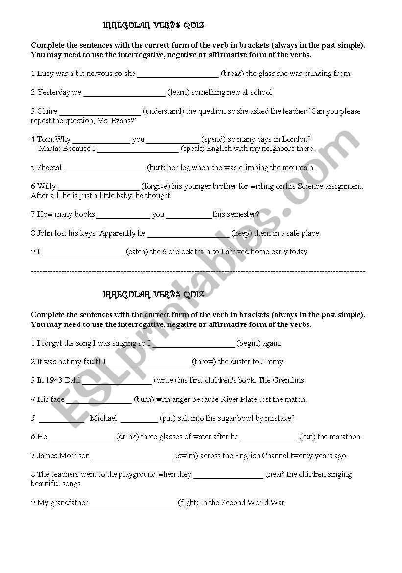 Irregular Verbs Quiz worksheet