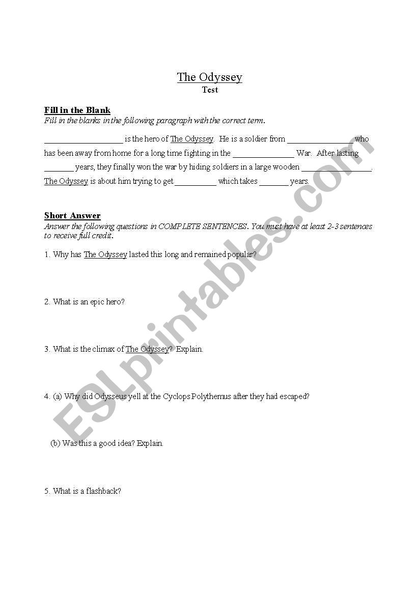 Test on The Odyssey worksheet