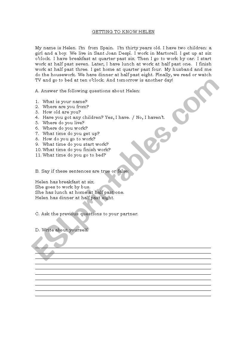 Getting to know Helen worksheet