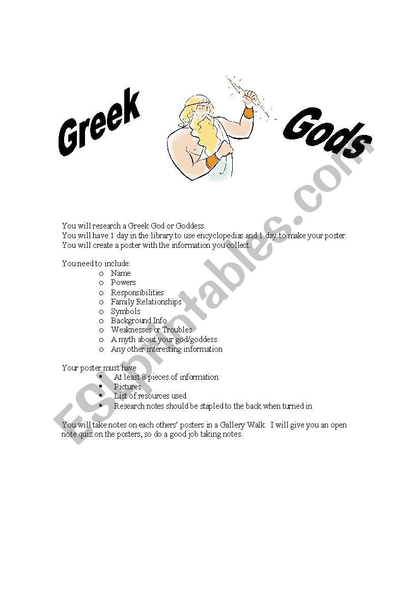 Greek Gods Project worksheet