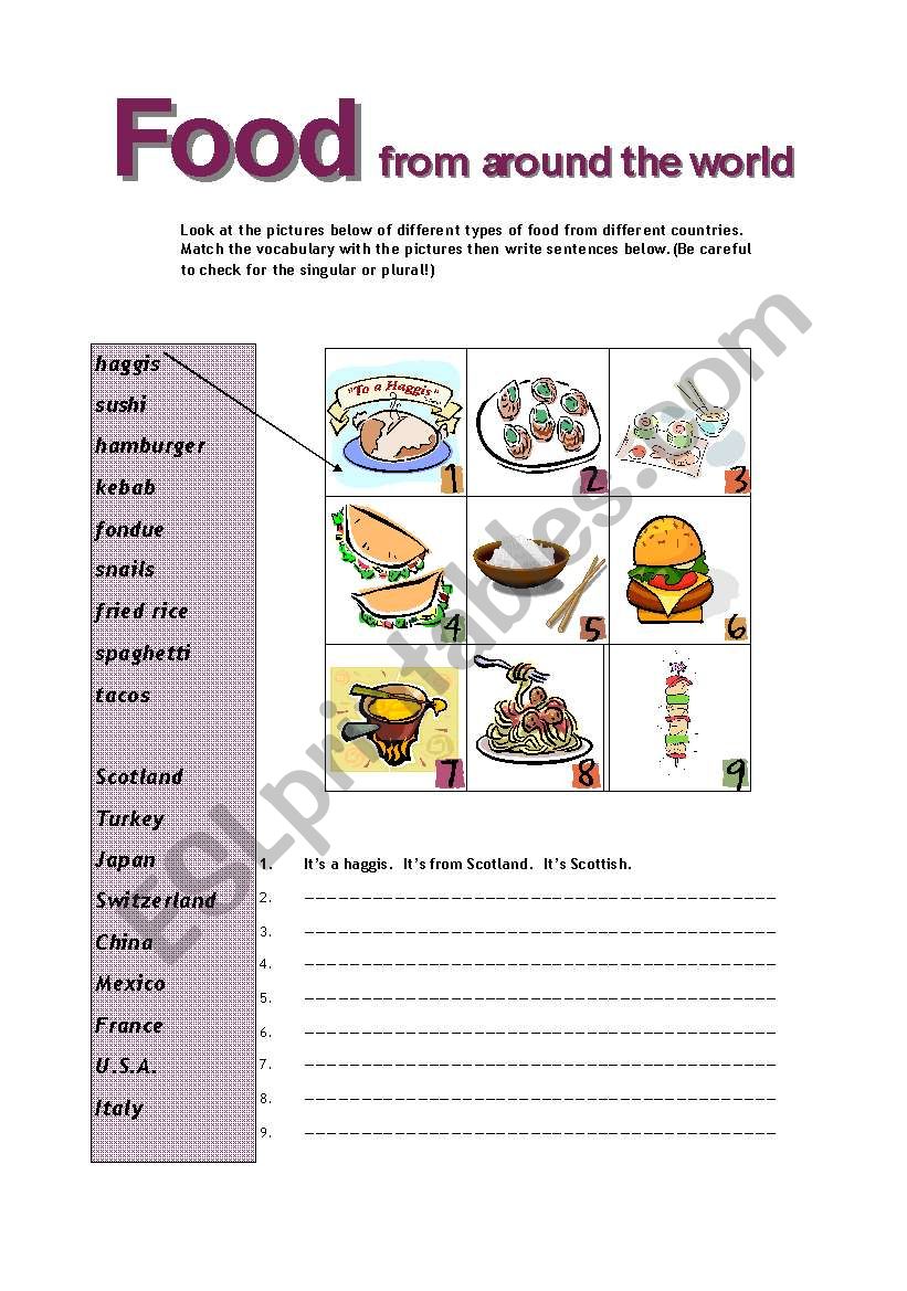 Food from around the world worksheet