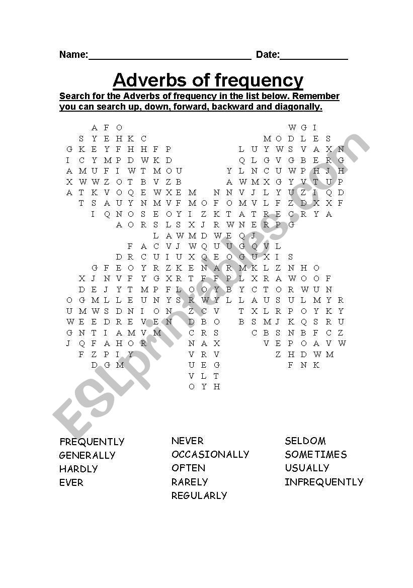 Adverbs of frequency Wordsearch 