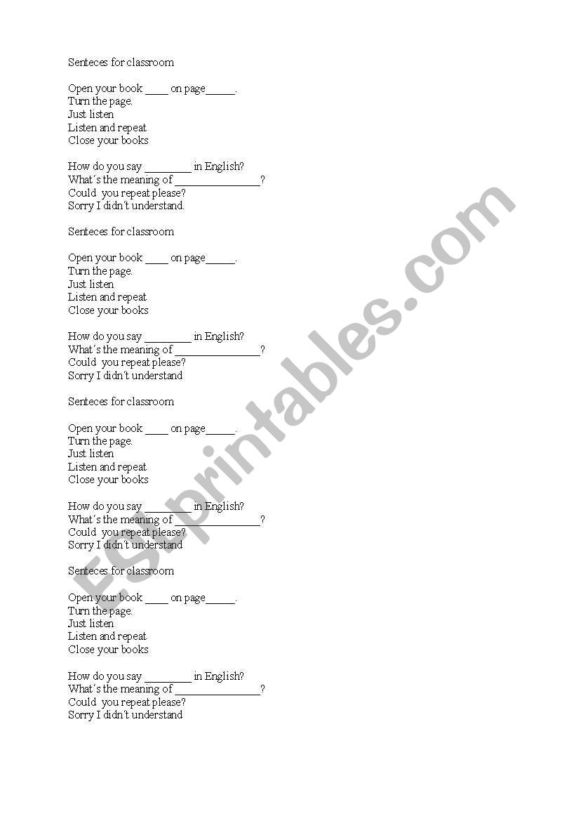 Classroom sentences worksheet