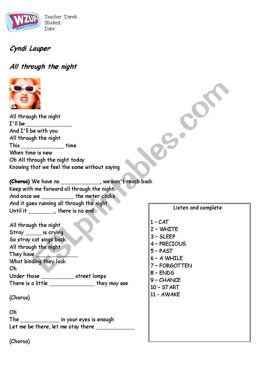 Cyndi Laupers Song worksheet