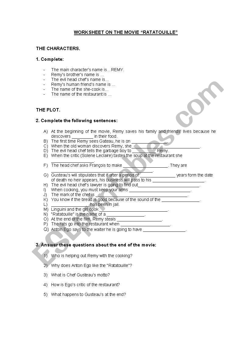 RATATOUILLE worksheet