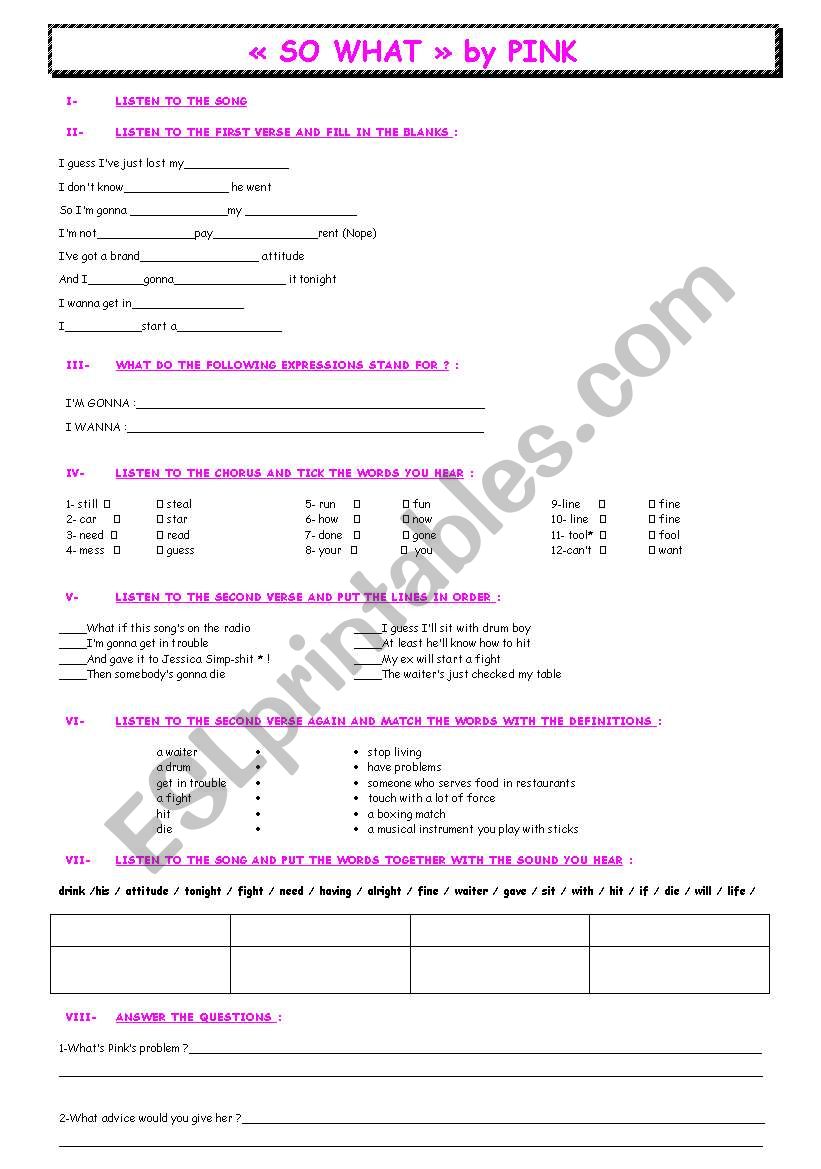 So What, by Pink worksheet