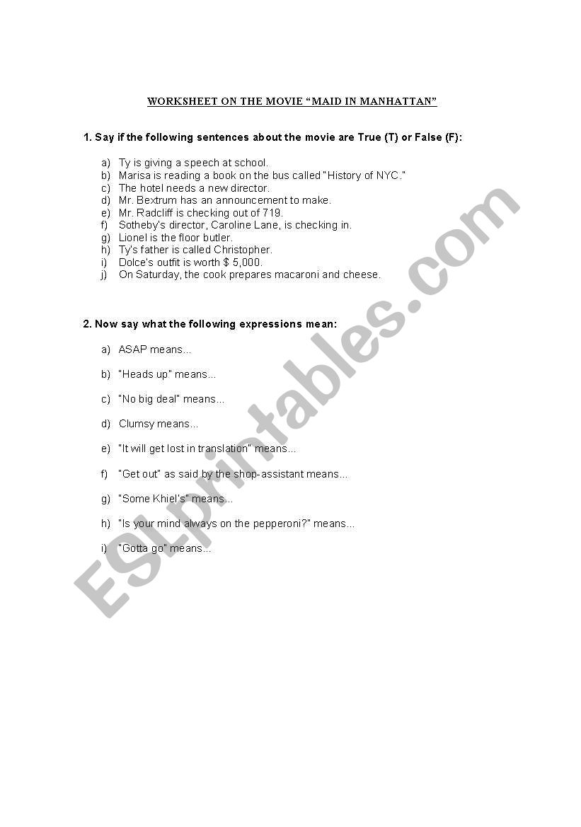 MAID IN MANHATTAN (MO VIE) worksheet