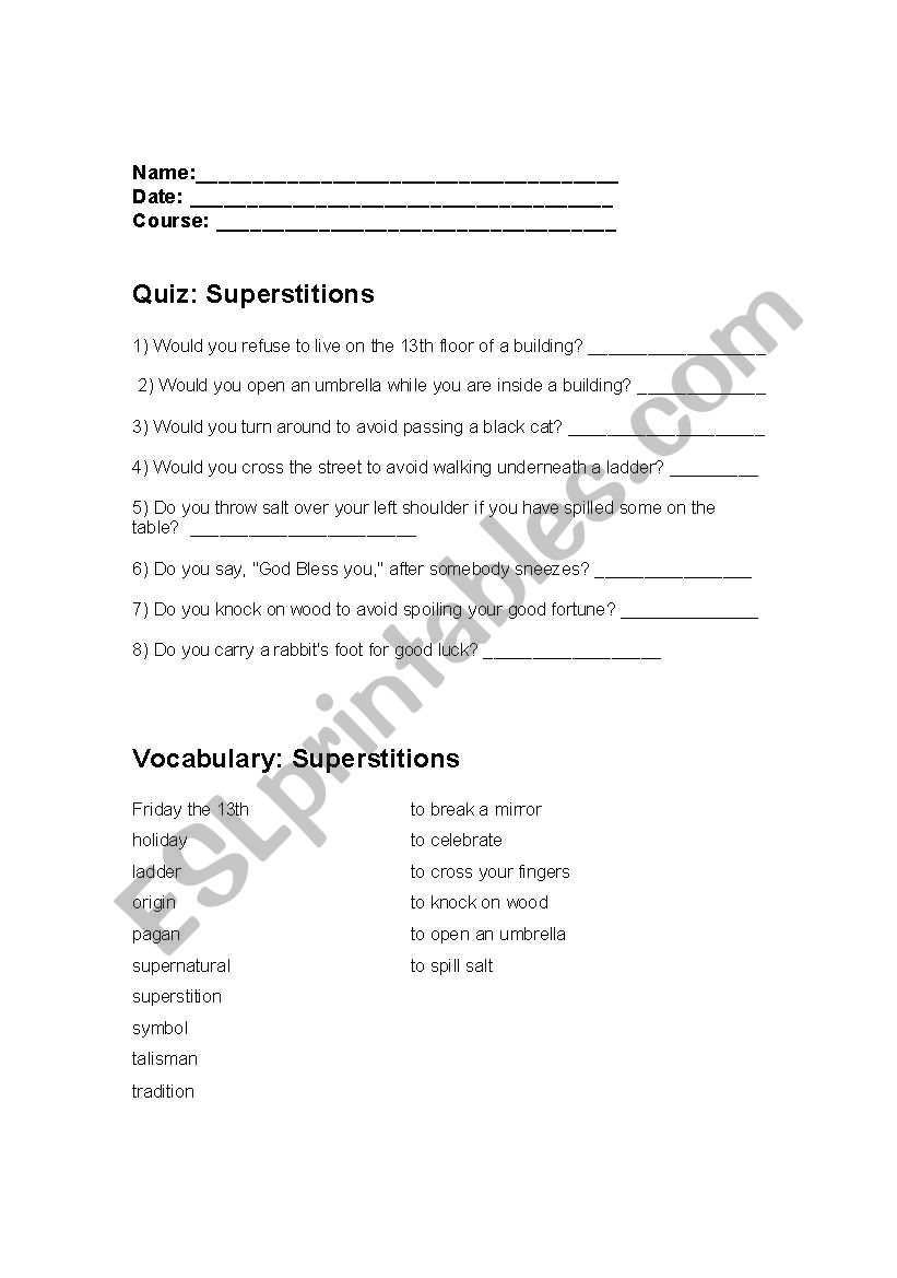 Superstitions worksheet