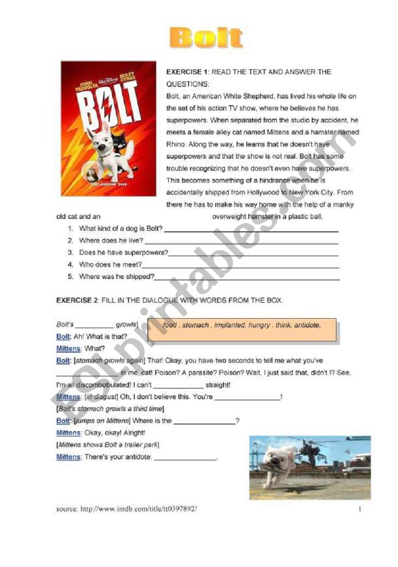 Bolt - movie exercises worksheet