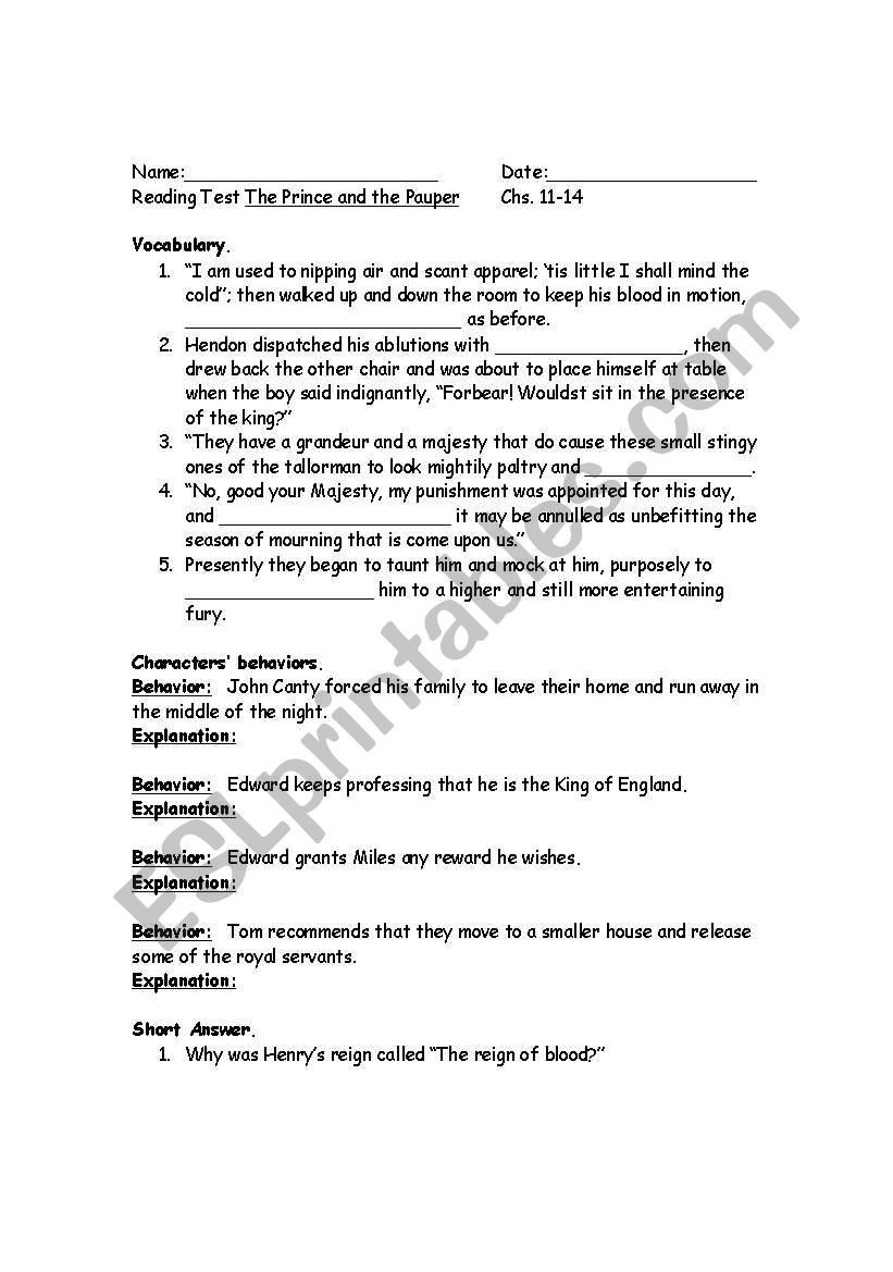 The Prince and the Pauper Quiz Chs. 11-14