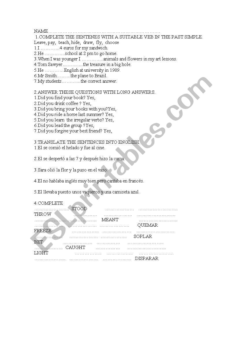 IRREGULAR VERBS TEST worksheet