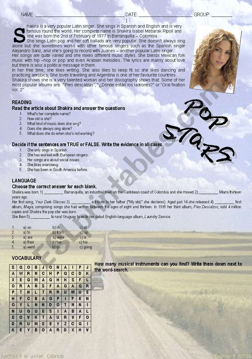 Shakira (30 / 4 / 09) worksheet