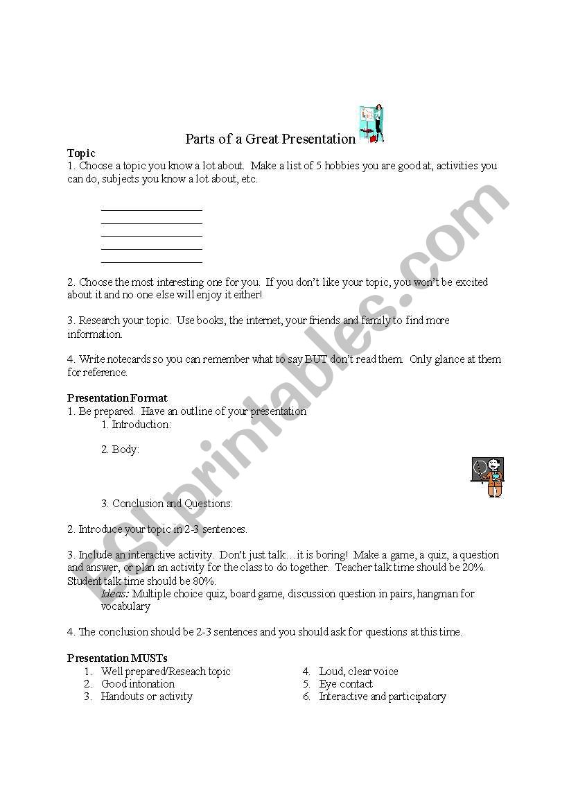 Parts of a Great Presentation worksheet