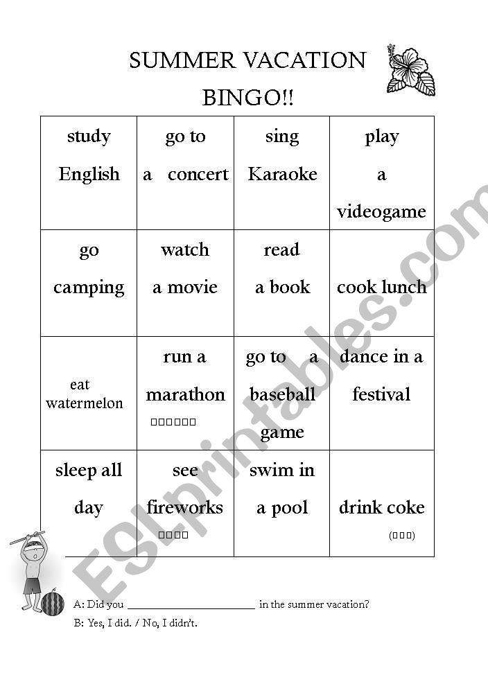 Summer vacation bingo worksheet