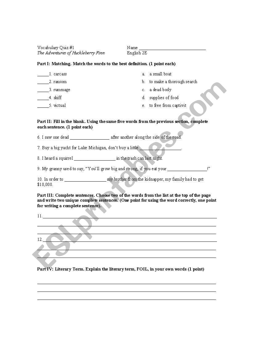 Huck Finn Vocab Quiz worksheet