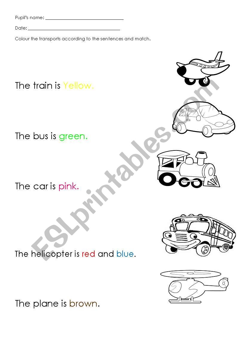 transports + colours worksheet