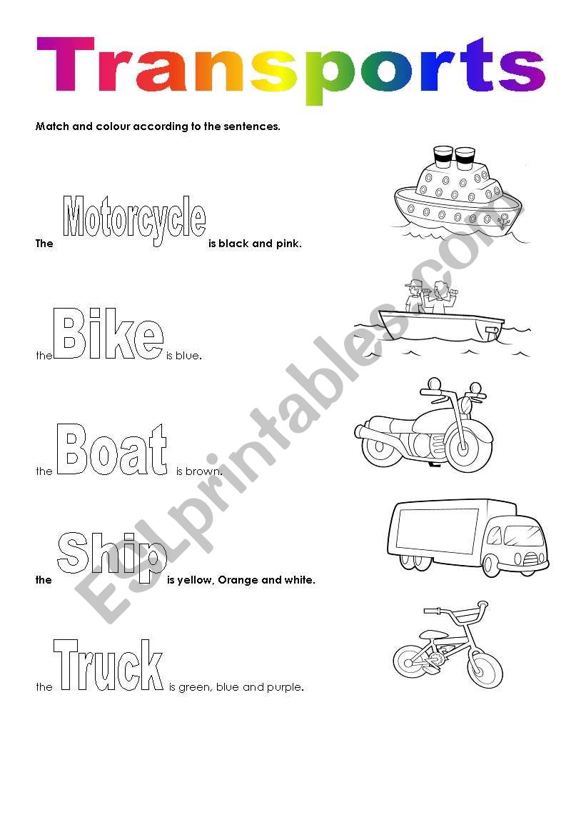 transports + colours worksheet