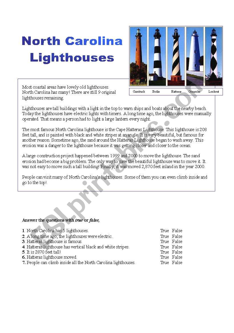 Lighthouses in North Carolina worksheet