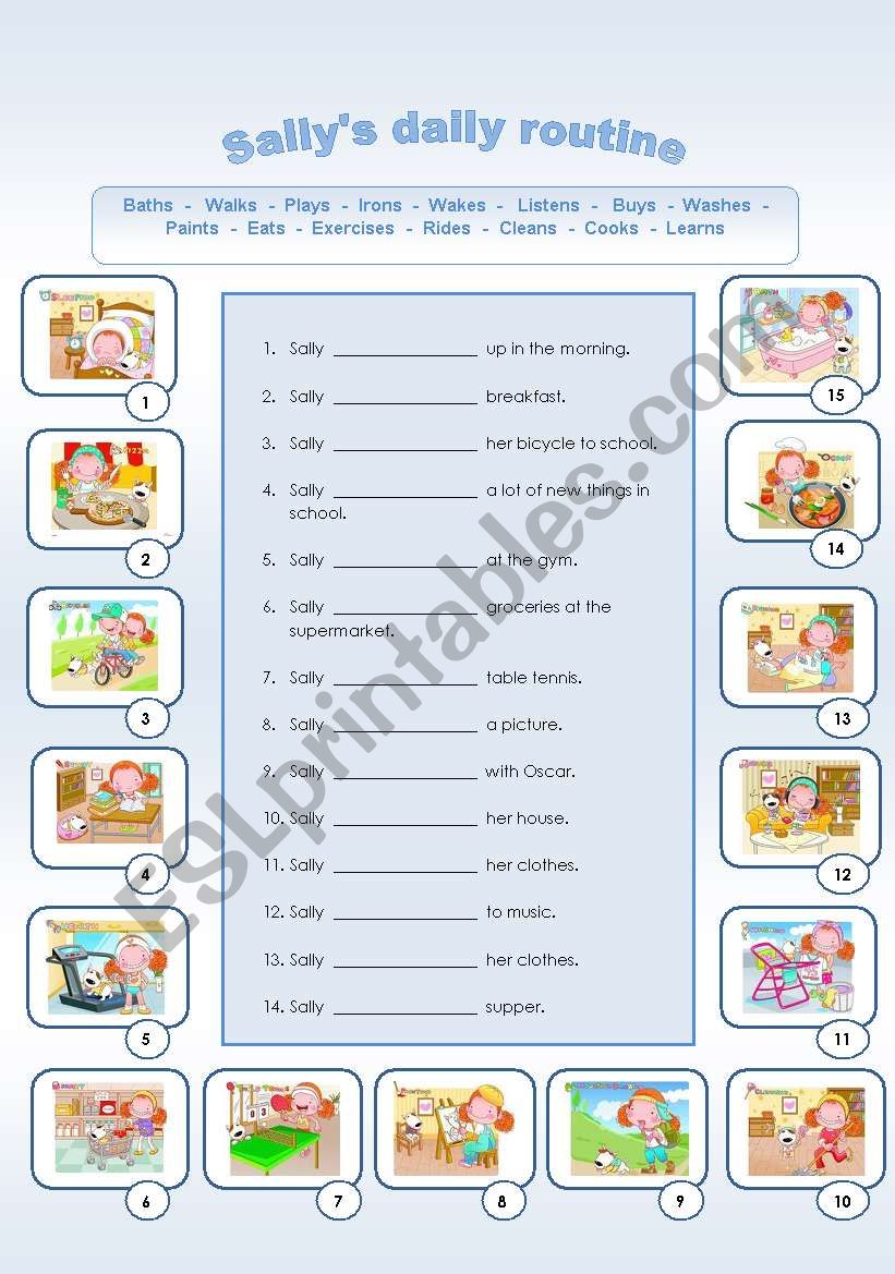 Sallys Daily Routine + Verbs worksheet