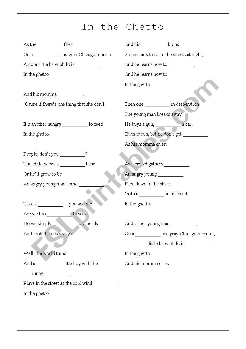 Elvis Presley - In the Ghetto worksheet