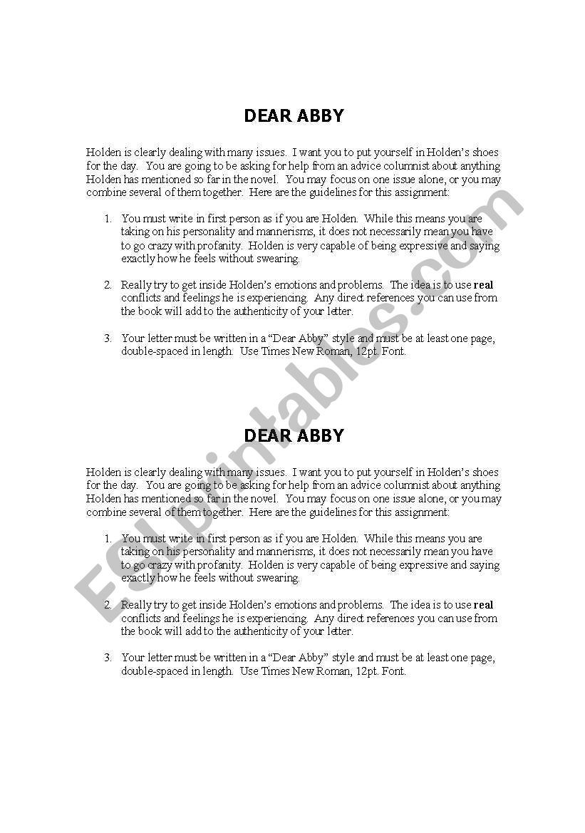English worksheets: Catcher in the Rye-Dear Abby letter