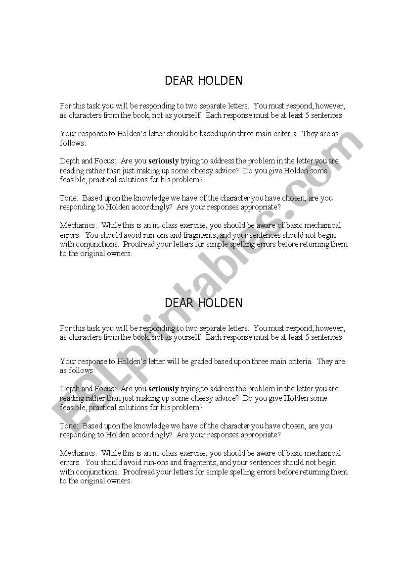 Catcher in the Rye-Dear Holden response letter