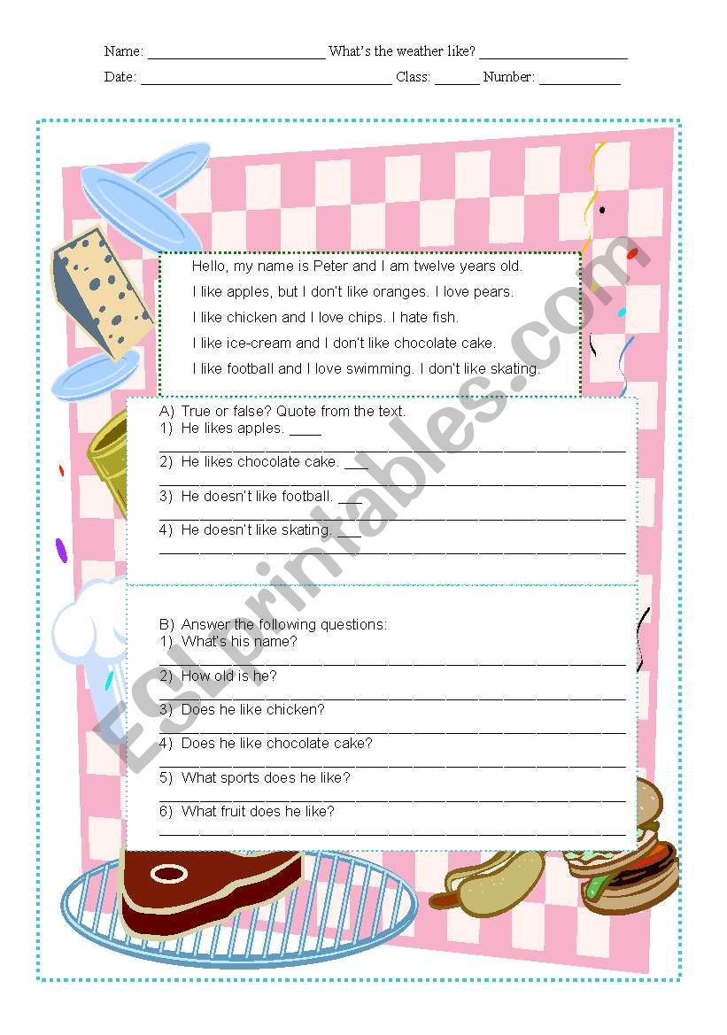 food text worksheet