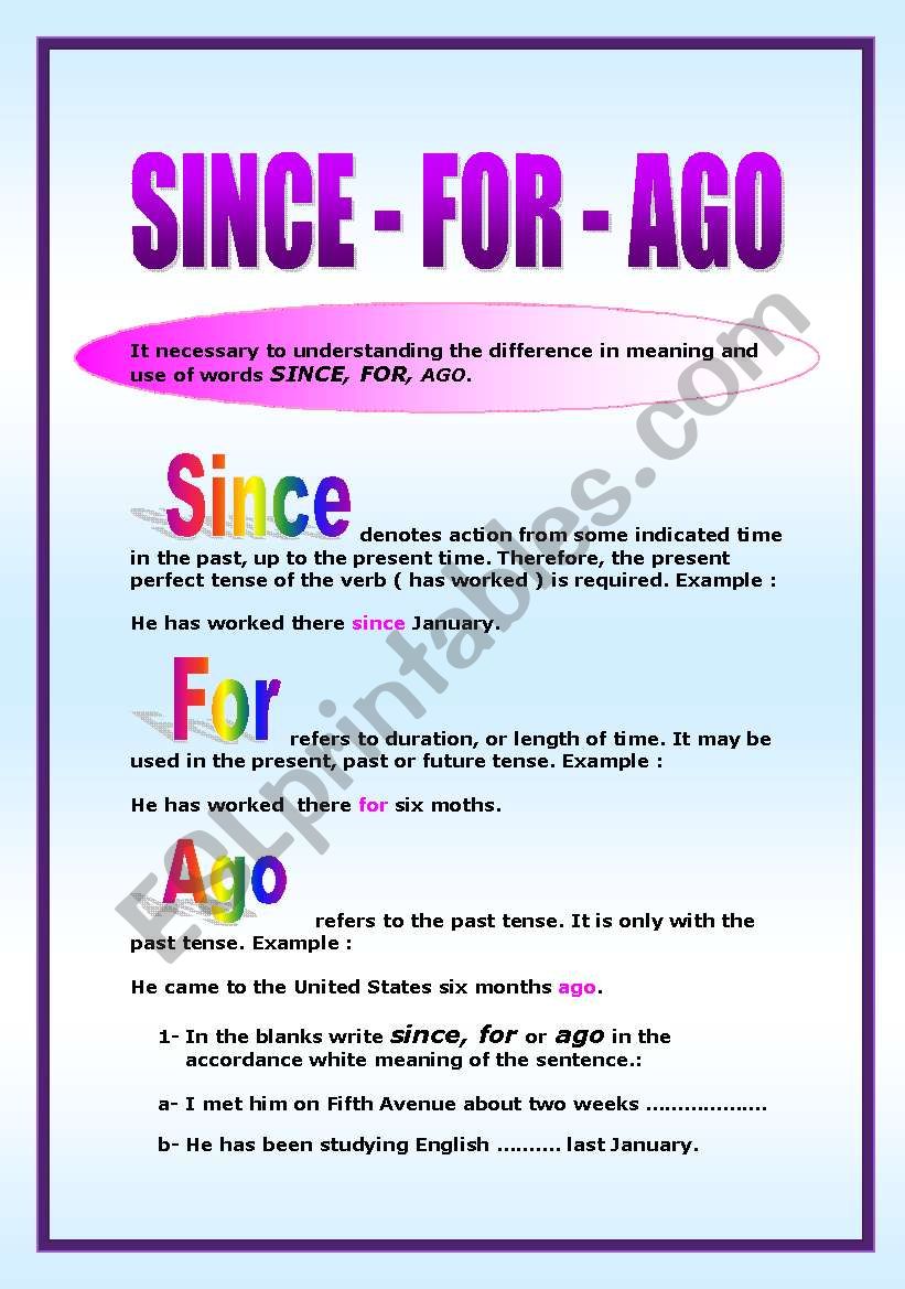 SINCE - FOR - AGO worksheet