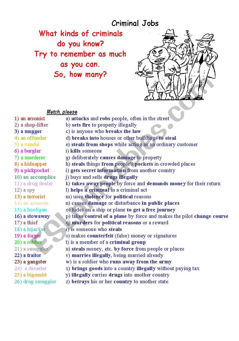 Criminal Jobs worksheet