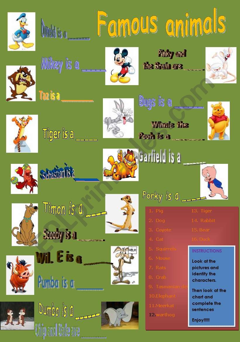 FAMOUS ANIMALS  worksheet