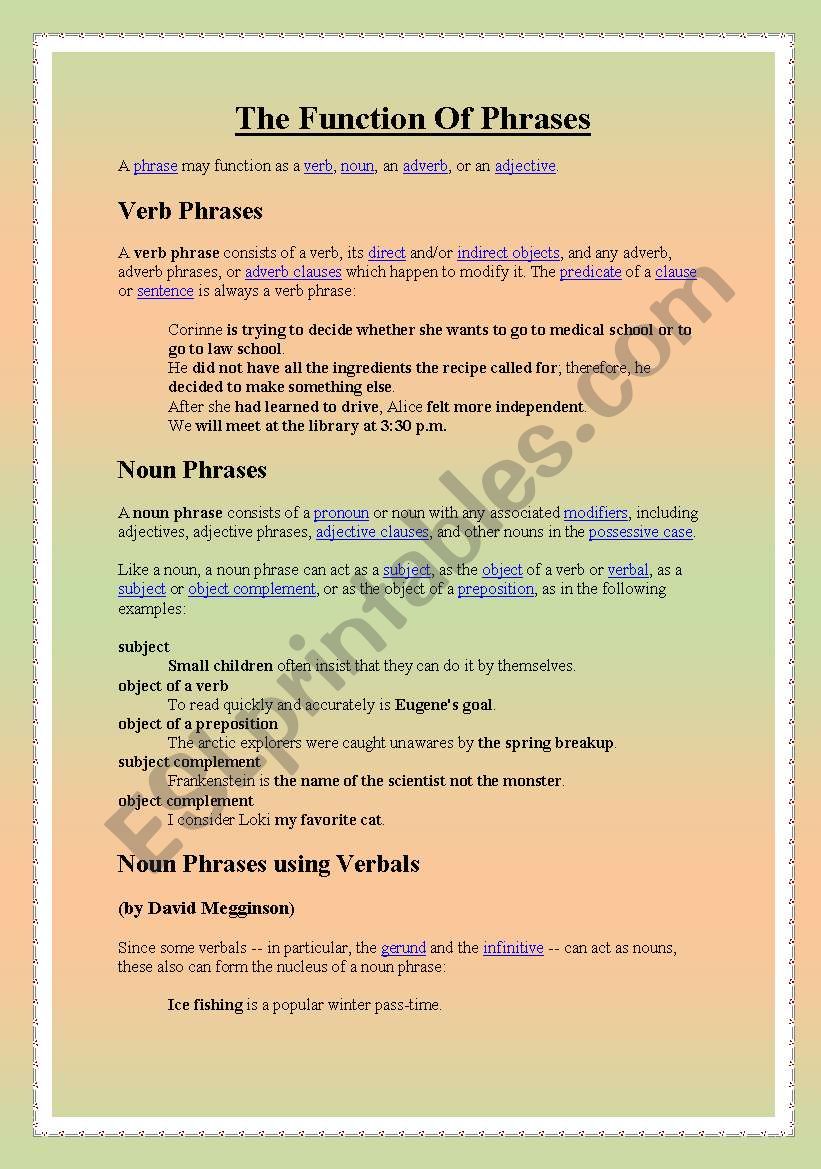 The function of phrases worksheet