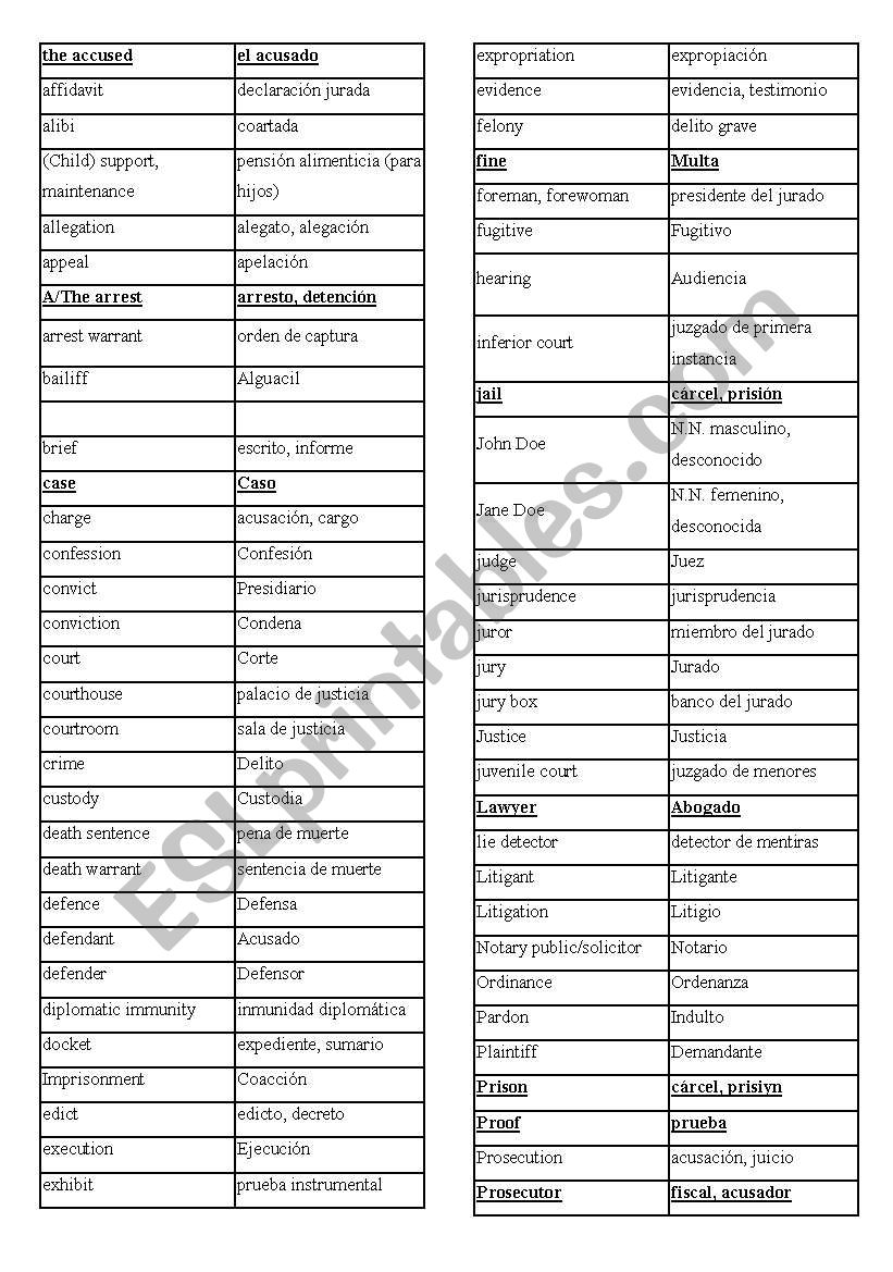 Law vocabulary worksheet