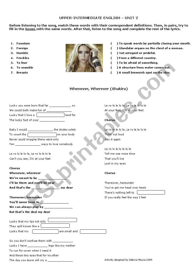 Whenever, Wherever (Shakira) worksheet