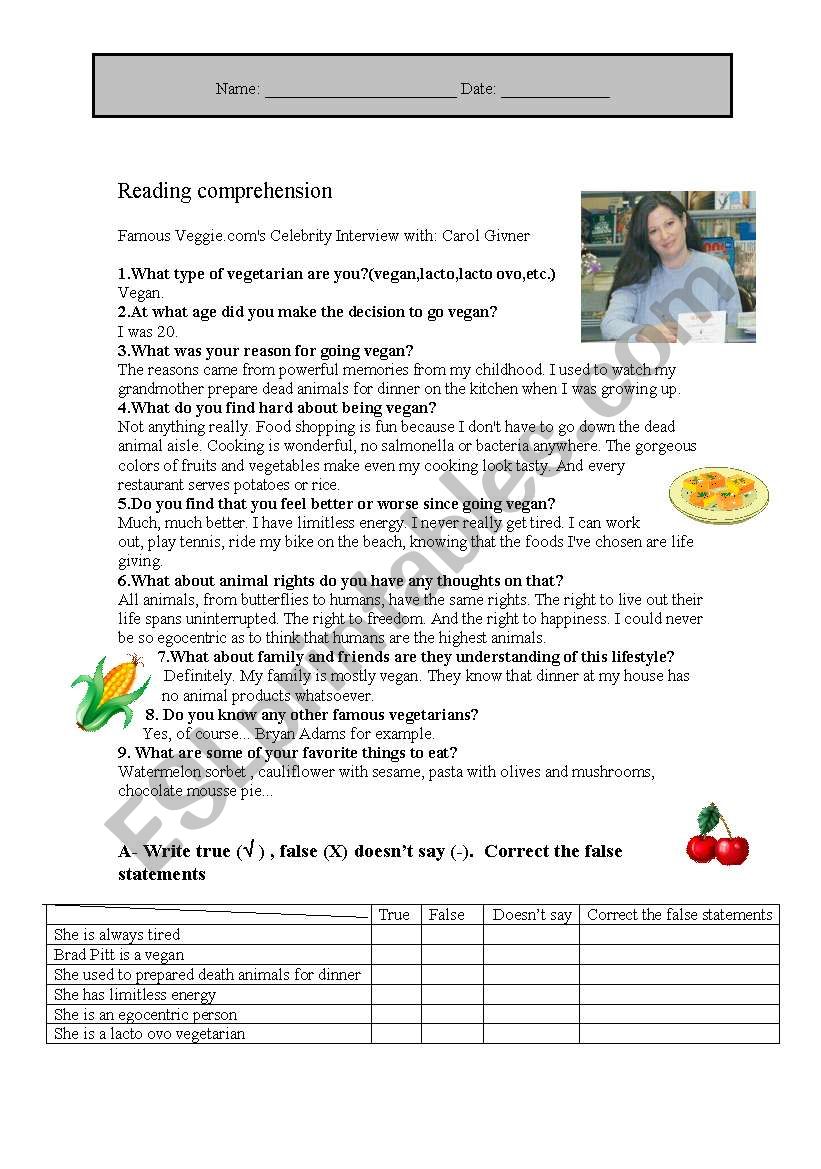 Reading Comprehension (Food) - 2 PAGES -