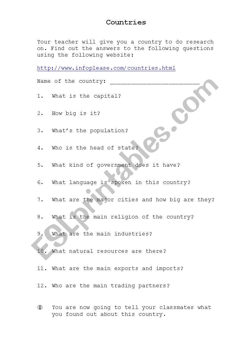 Countries Webquest worksheet