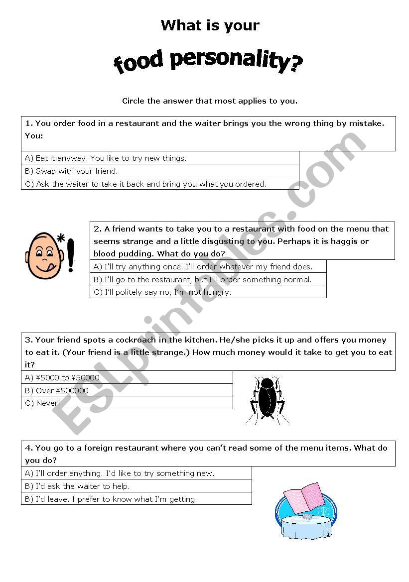 Food personality quiz worksheet