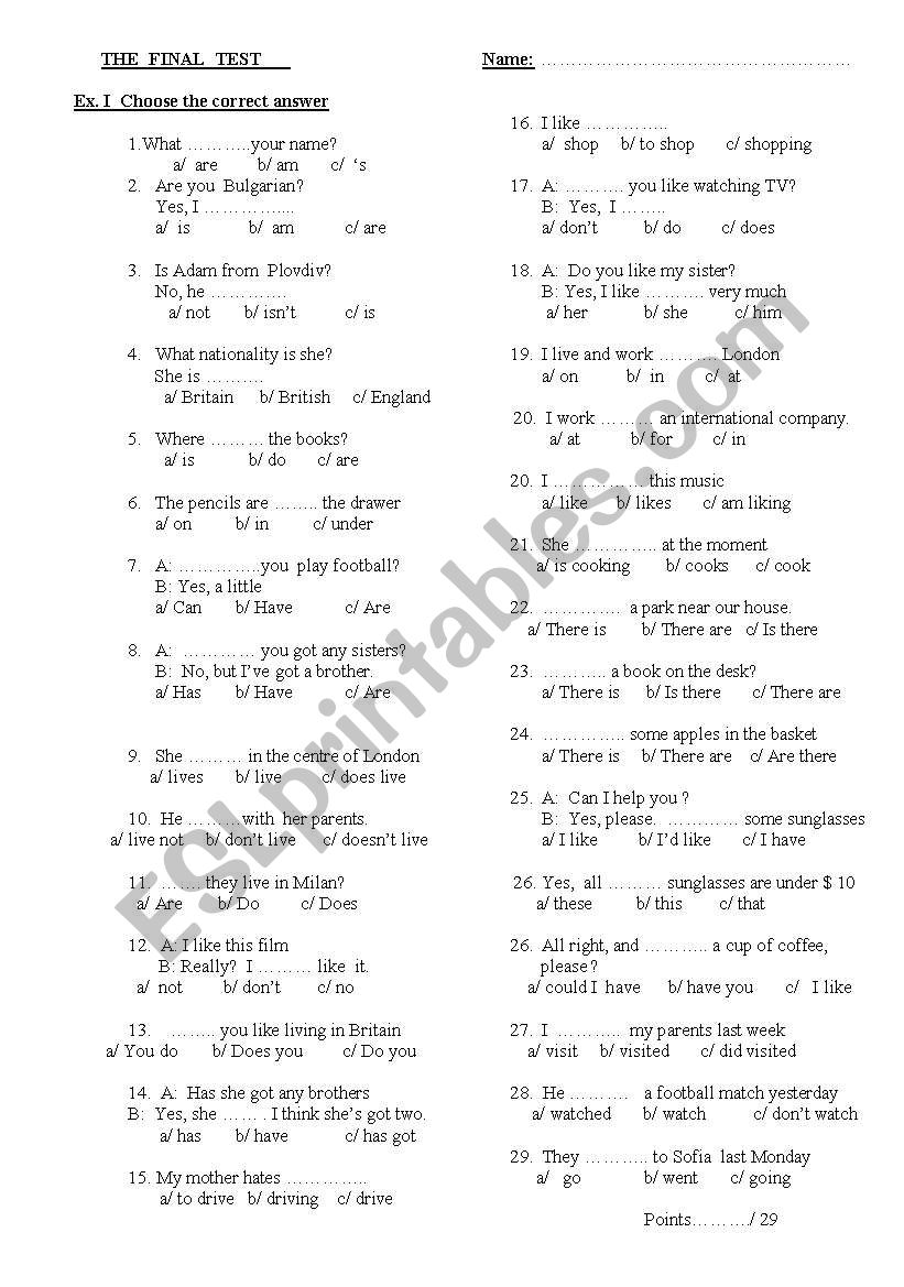 Revision test worksheet