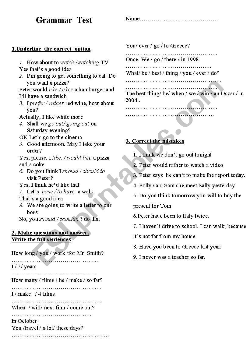 Grammar Test worksheet