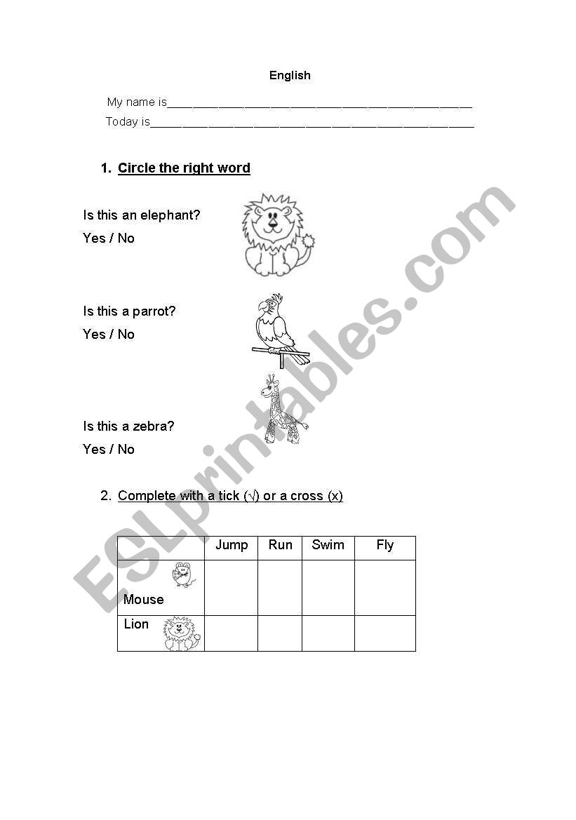 Animals worksheet