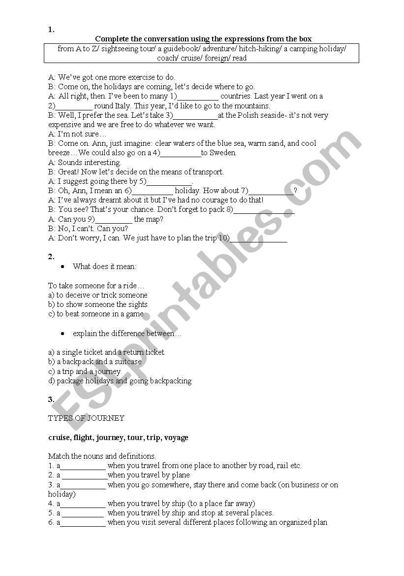 tourism and travelling worksheet