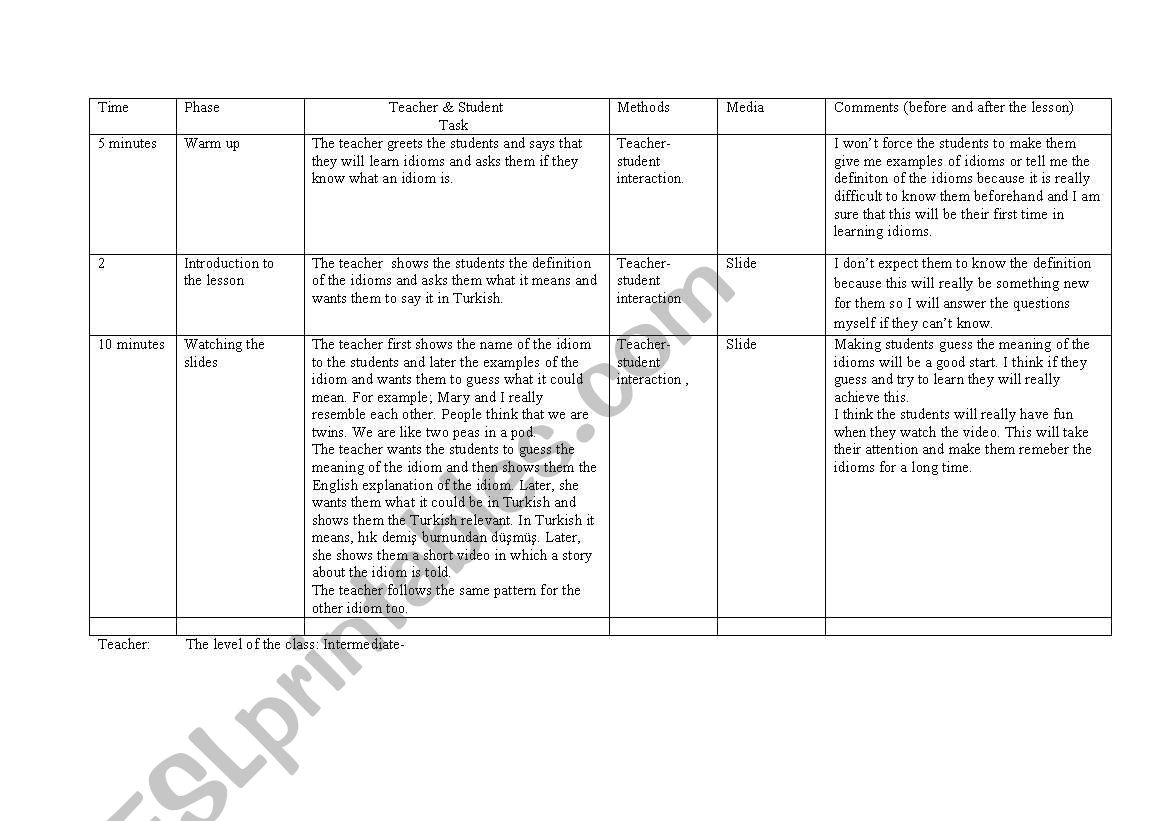 Idoms lesson plan worksheet