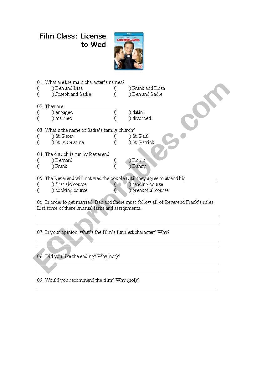 Film Activity License to Wed worksheet