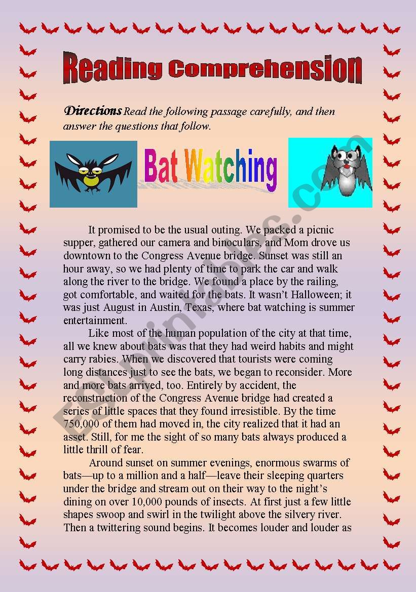 Reading comprehension- Mapping implied main idea on an eyewitness account ( Bat Watching)