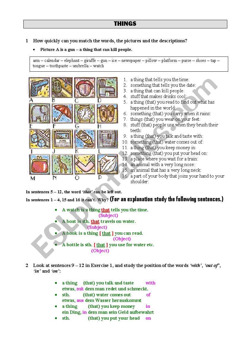 Describing Things - Practice of relative clauses and final position of preposition (2 pages)