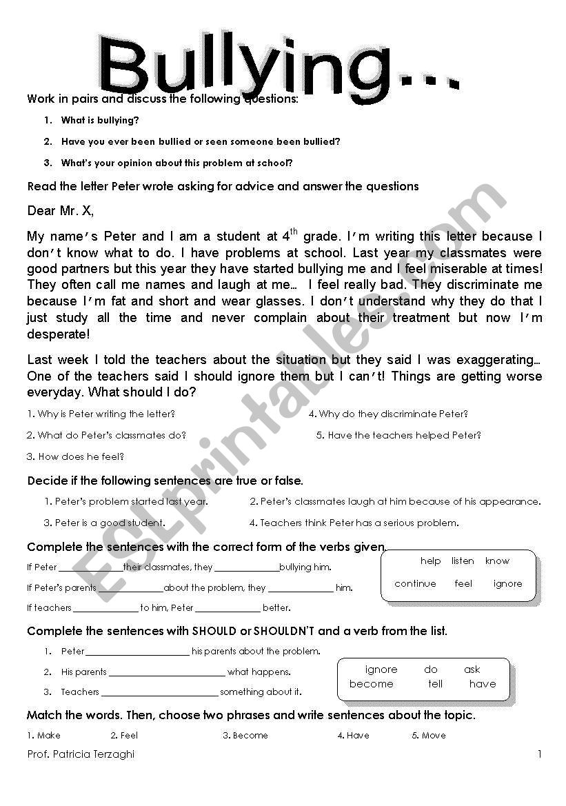 BULLYING (1 / 5 / 09) worksheet