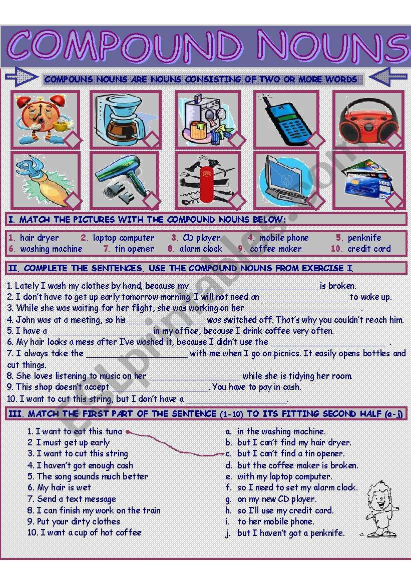 compound nouns esl worksheet by valedanilova