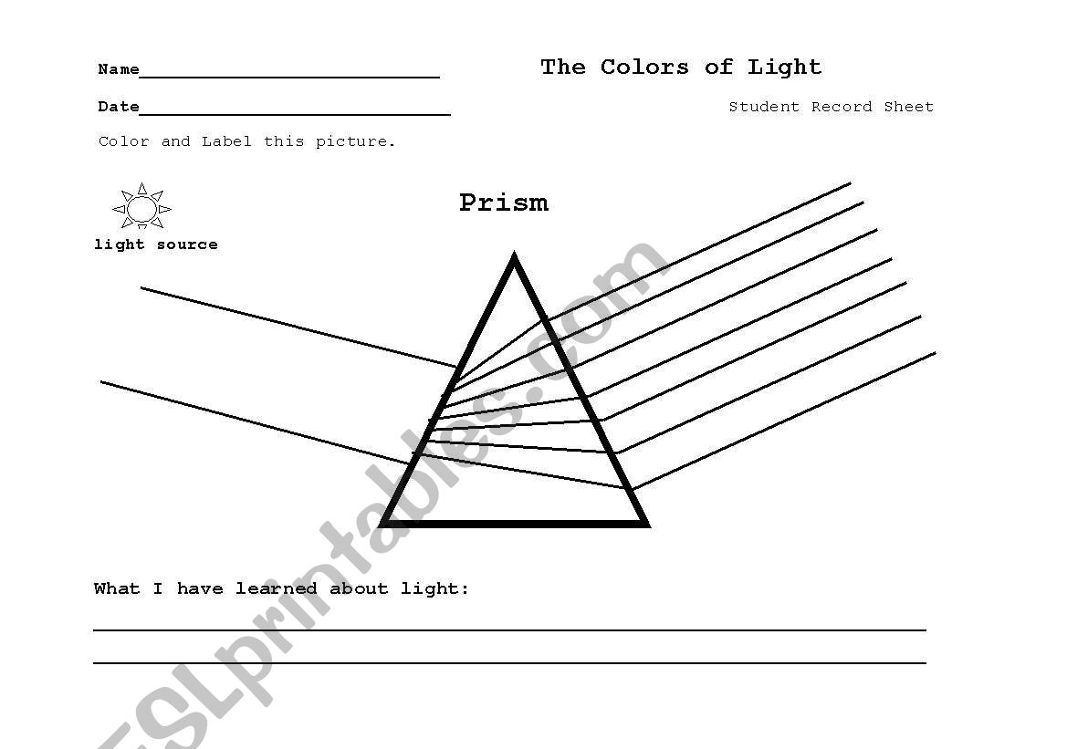 Prism- The Color of Light worksheet