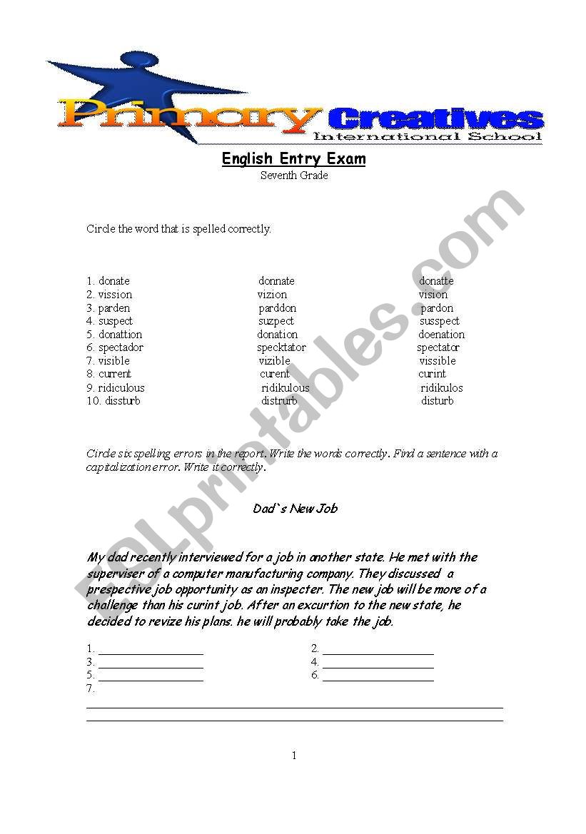 entry exam worksheet